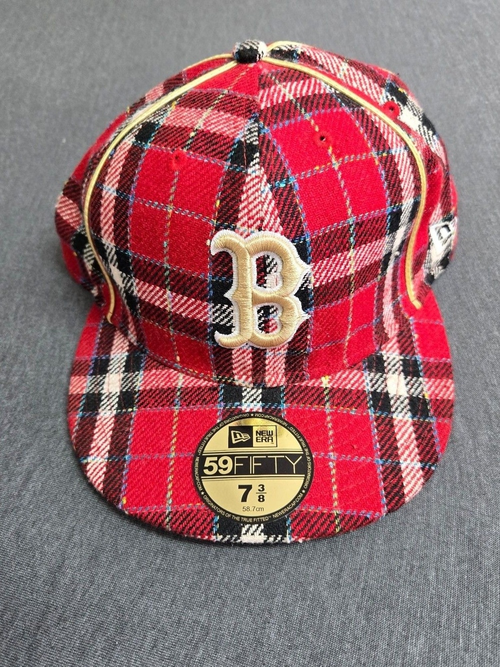 Boston Red Sox Hat Mens 7 3/8 Red New Era MLB Baseball 59FIFTY Fitted Plaid